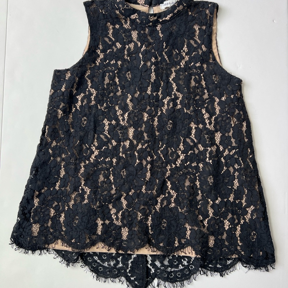 Black Floral Lace Sleeveless Shell Top with Nude Lining